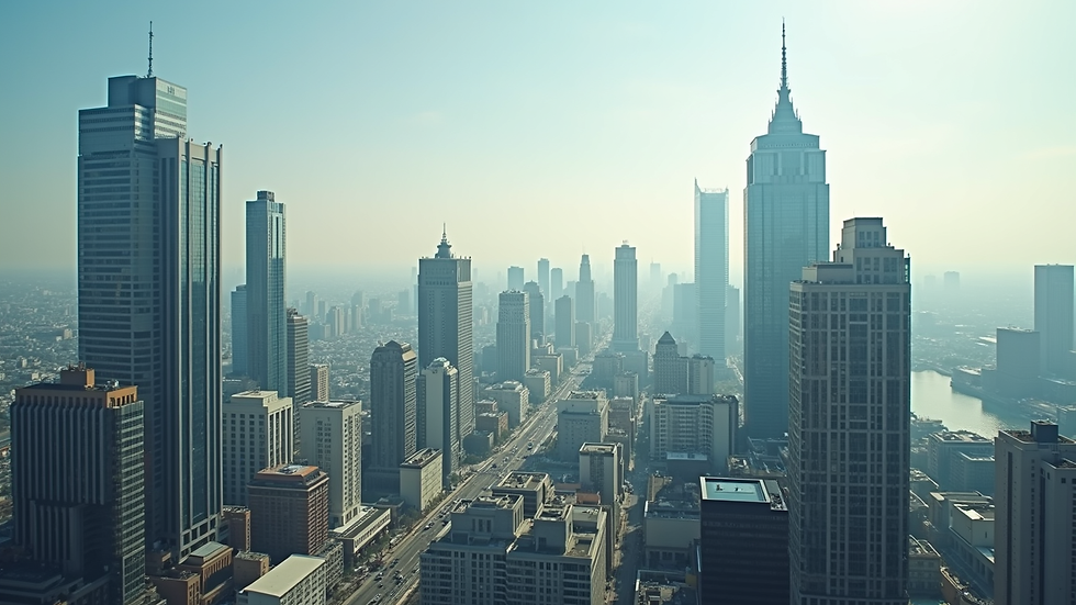 Eye-level view of a modern urban skyline with diverse architectural styles
