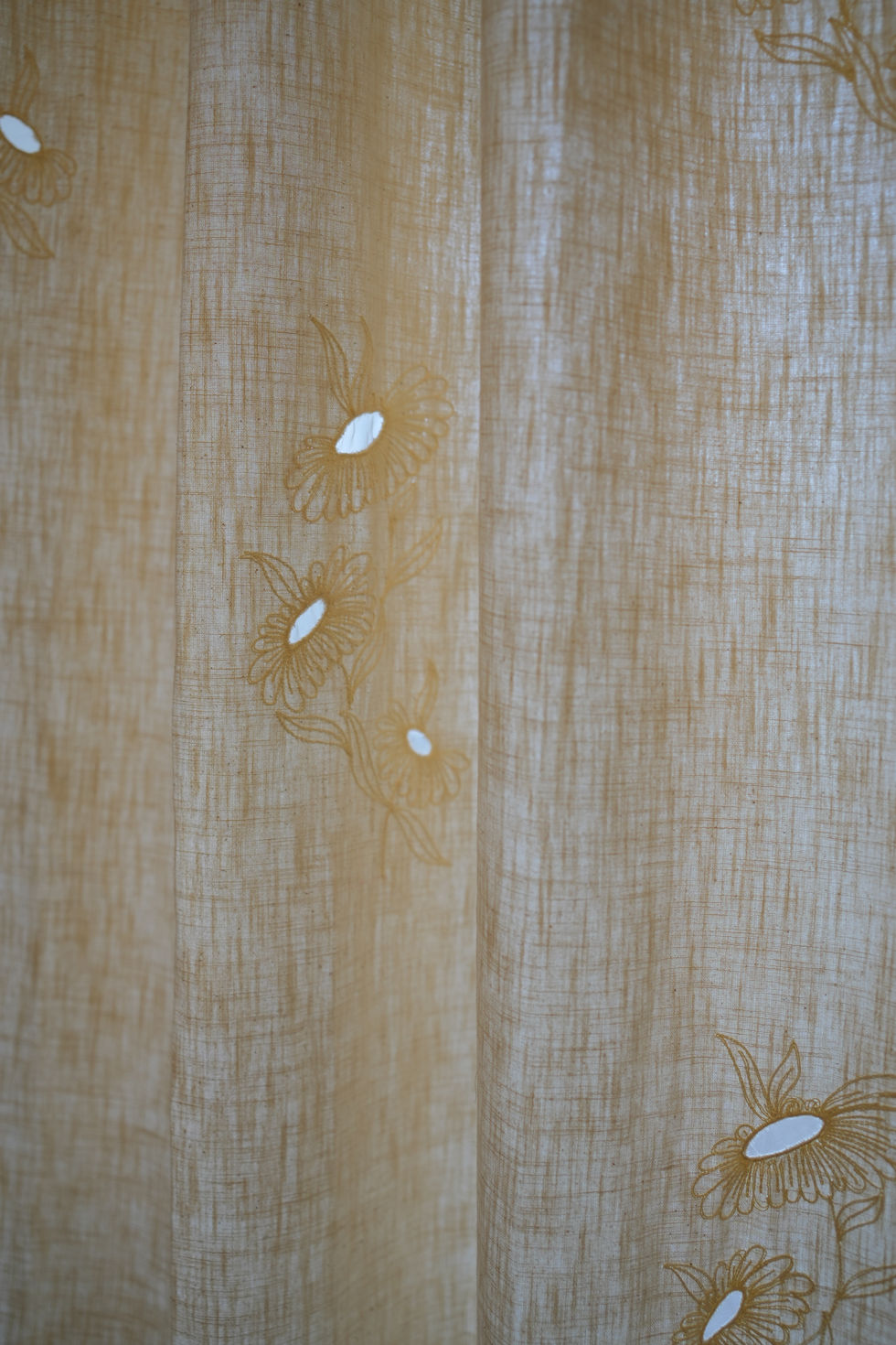 beige textured cotton
ripple curtains
embroidery
patchwork