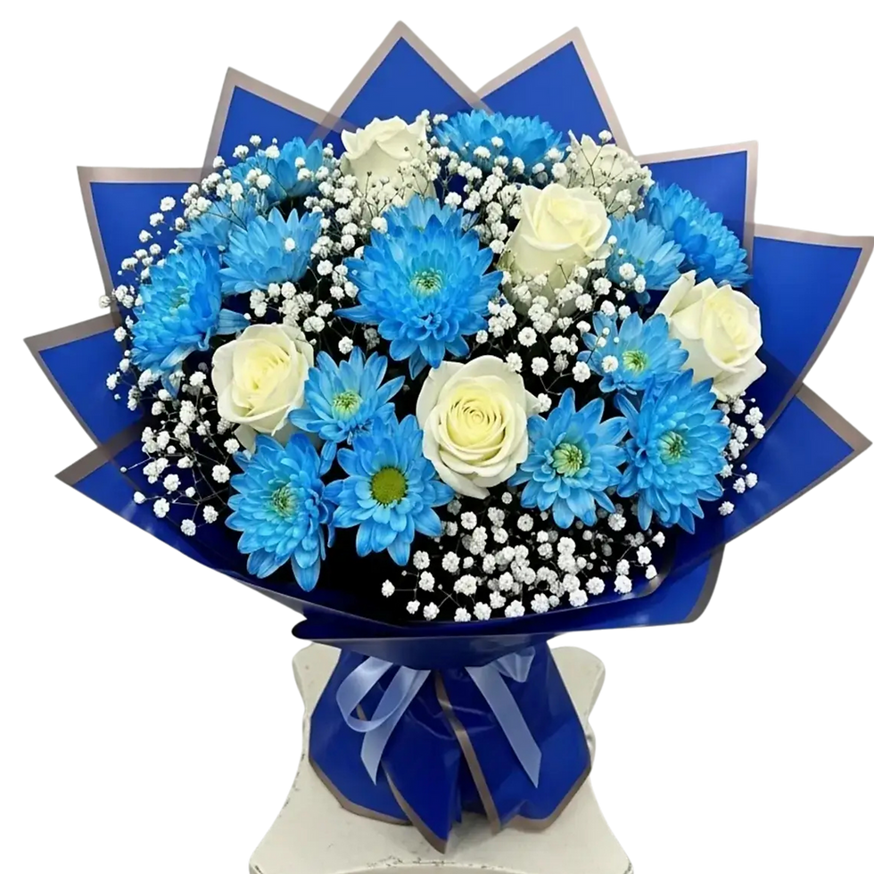 Mavi Kasımpatı ve Beyaz Gül Buketi