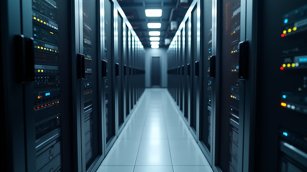 Eye-level view of a server room filled with high-tech servers