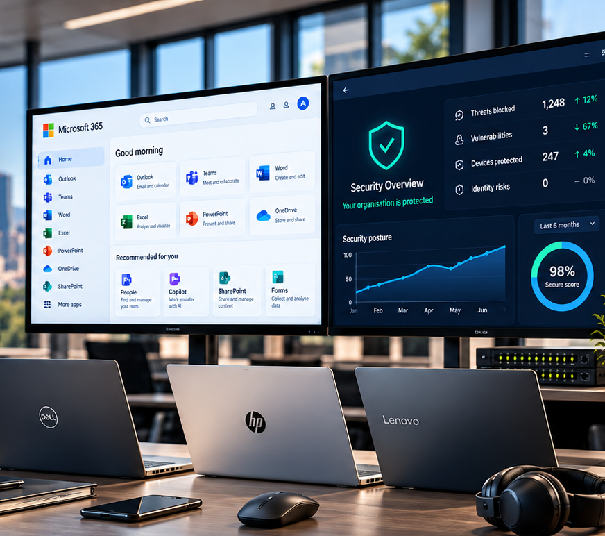 Illustration of business laptops, Microsoft 365 applications and cybersecurity monitoring.