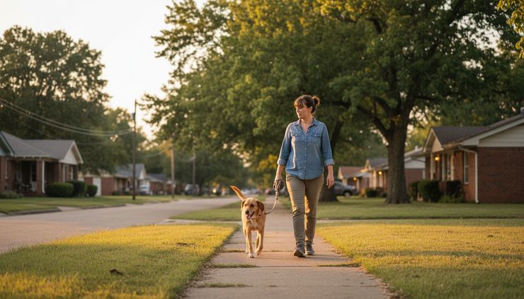 Wide-angle view of a foster volunteer walking a rescue dog on a quiet neighborhood sidewalk