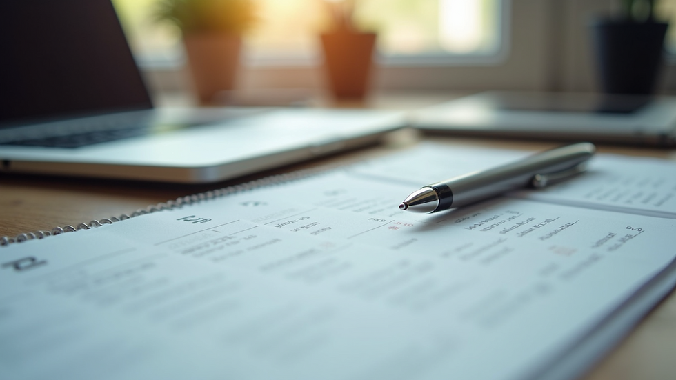 High angle view of a calendar and pen on a desk