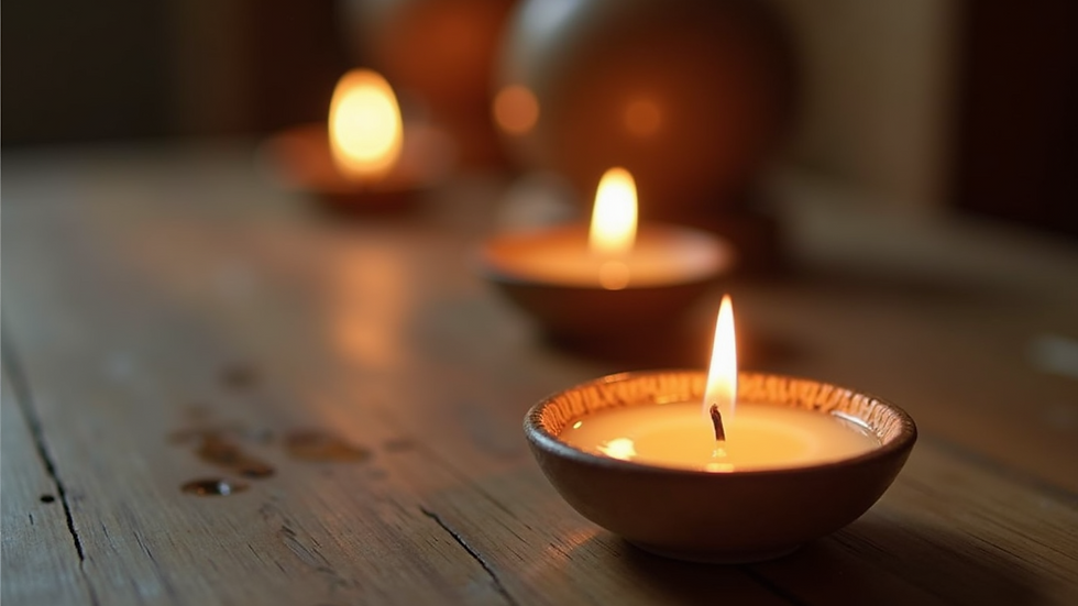 Close-up view of a softly lit candle on a meditation altar
