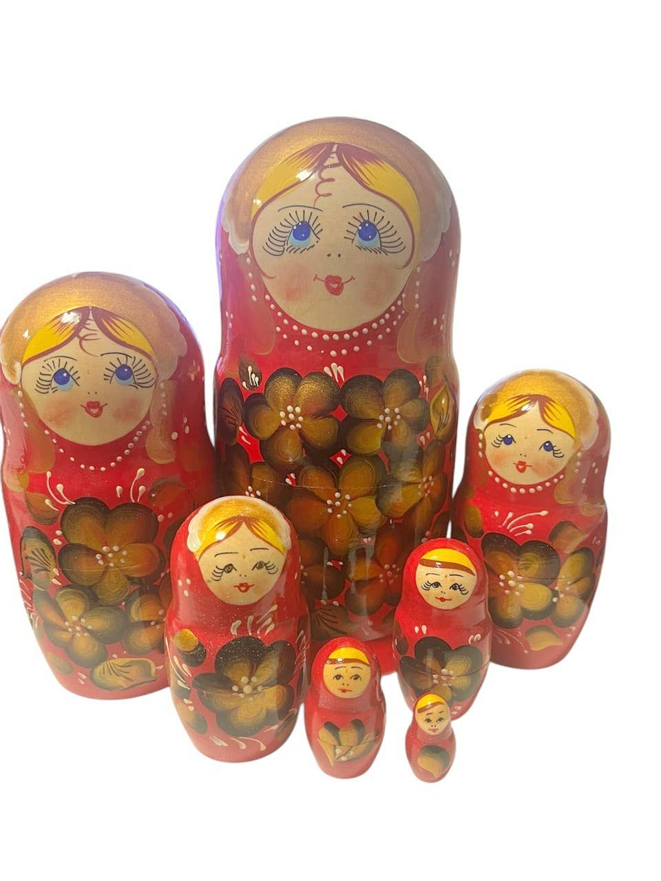 Seven nesting dolls in red and gold detailing, BLUE CAT with FISH Nesting Dolls Set.