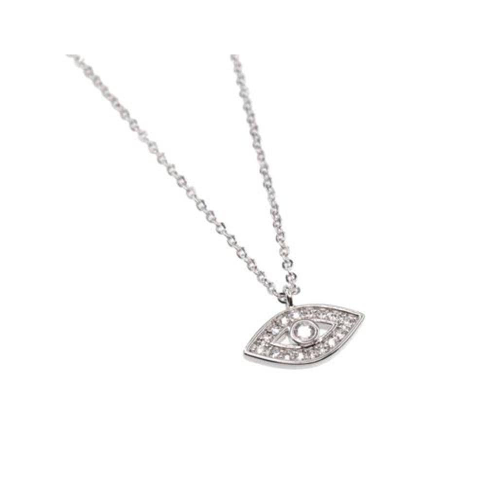 Silver eye pendant necklace on white background, beautiful fashion jewelry.