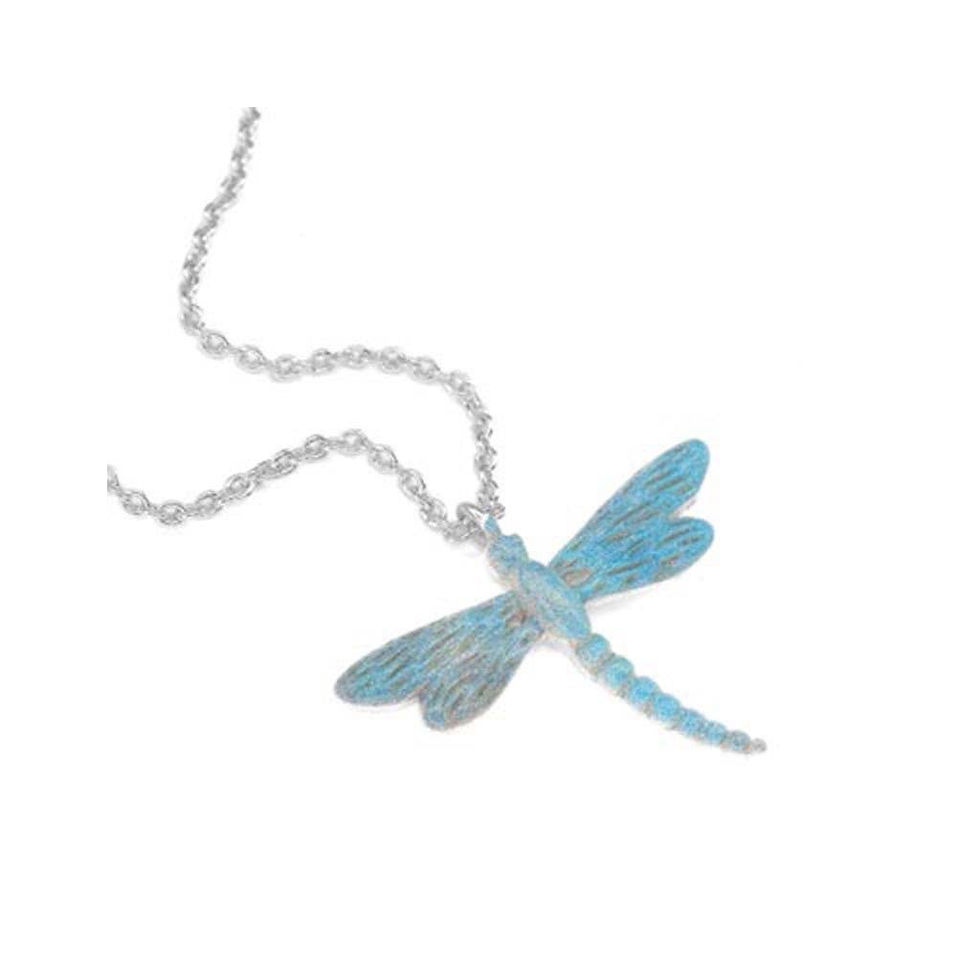 Silver dragonfly necklace with turquoise wings, delicate chain, elegant jewelry design.