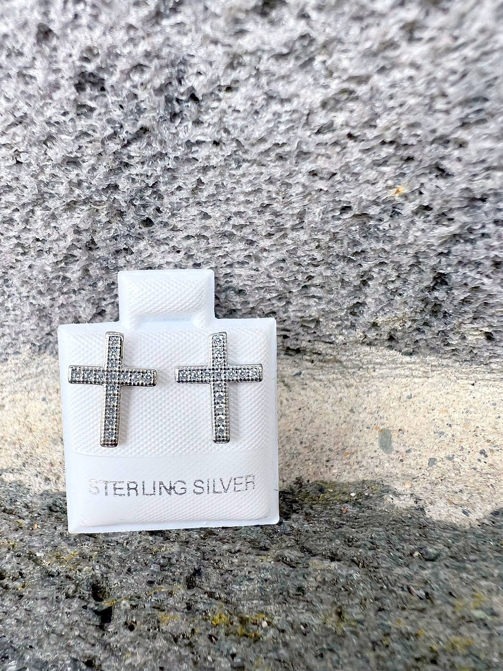 Sterling Silver cross earrings on display stand against textured background.