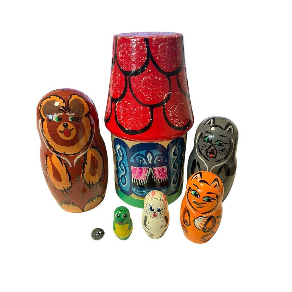 Colorful Matryoshka dolls set. Includes bear, house, cat, owl, and bird. SMALL Traditional Nesting Dolls Set, 5 pcs/4,5" Matryoshkas.