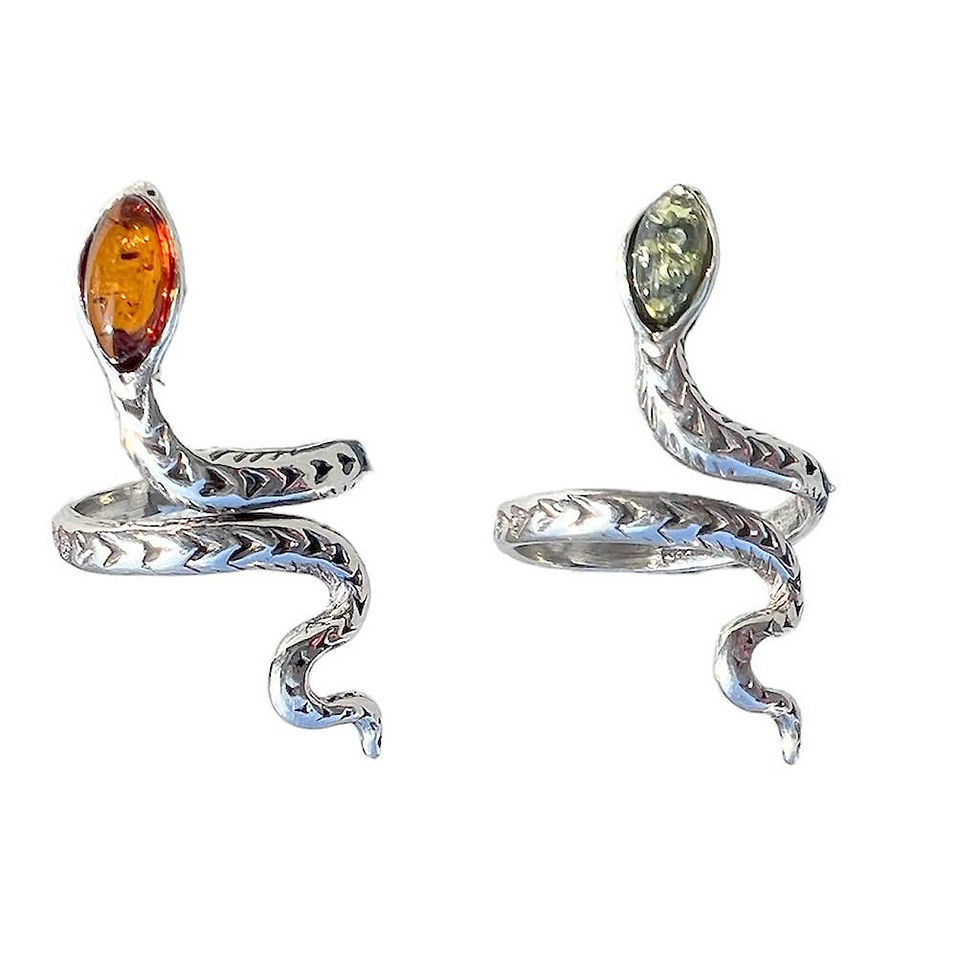 Two silver snake rings with amber and green gemstone heads.