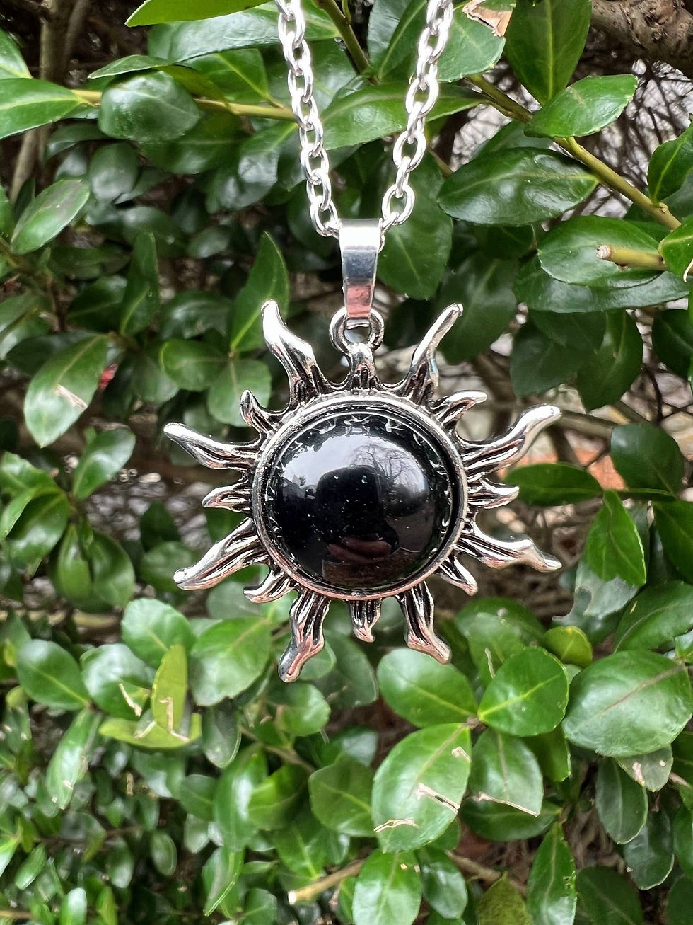 Thumbnail: Silver sun pendant necklace with a black stone, displayed against green foliage.