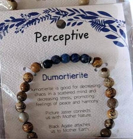 Thumbnail: Perceptive Dumortierite bracelet with text about peace and harmony.