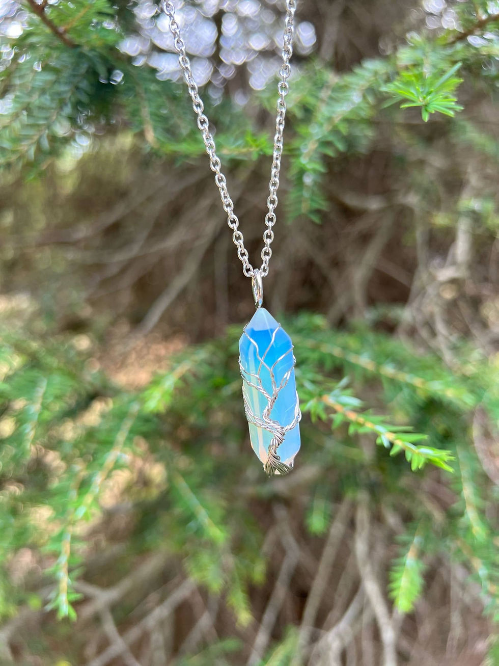 Thumbnail: Silver necklace with blue crystal pendant against a backdrop of greenery.