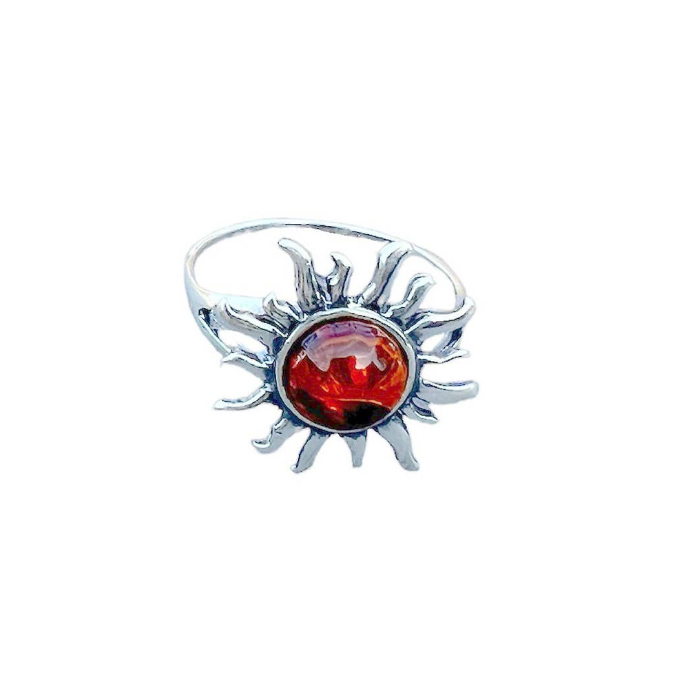 Thumbnail: Silver ring featuring a red gemstone sun design against a white background.