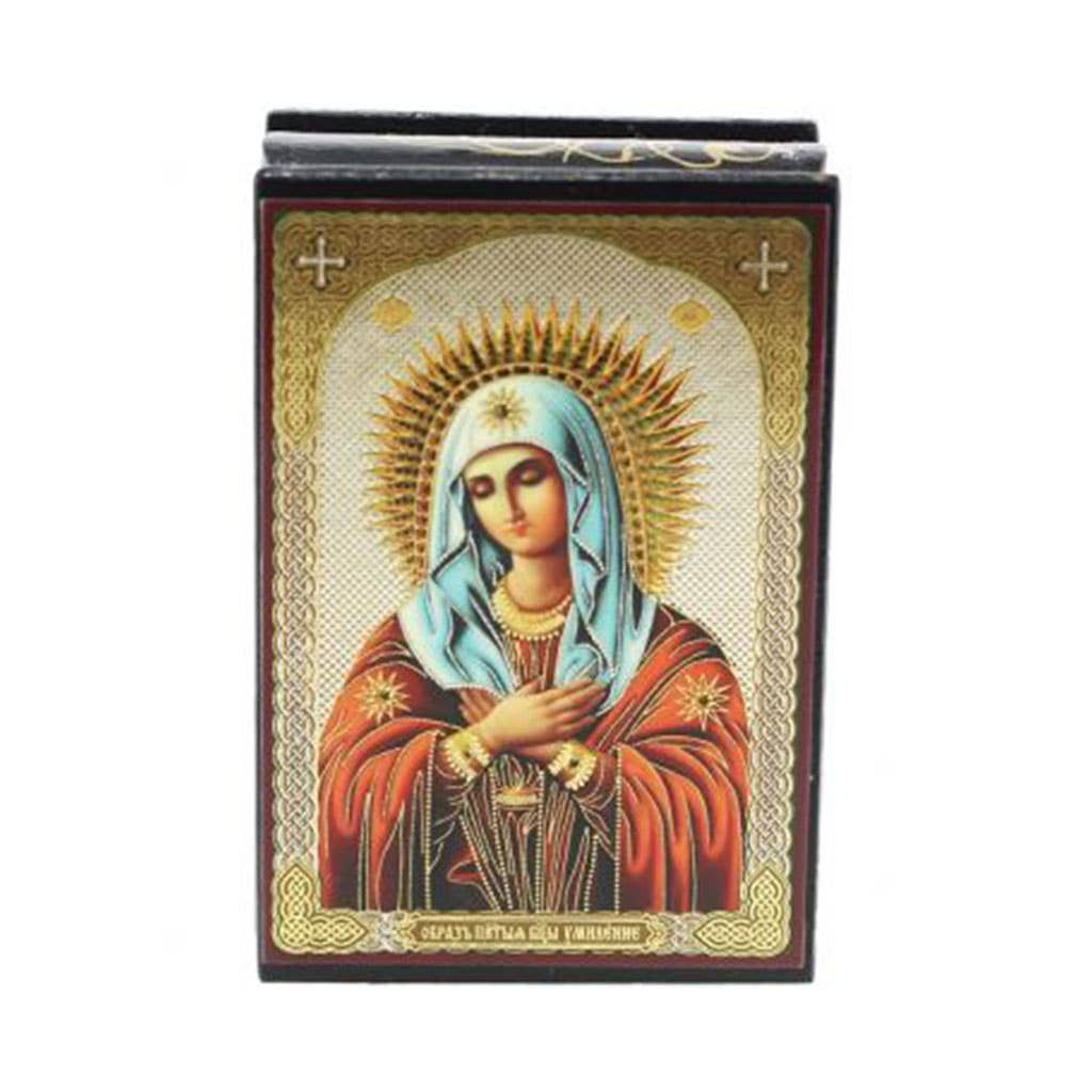 Icon of Virgin Mary with halo and inscription on a wooden box.