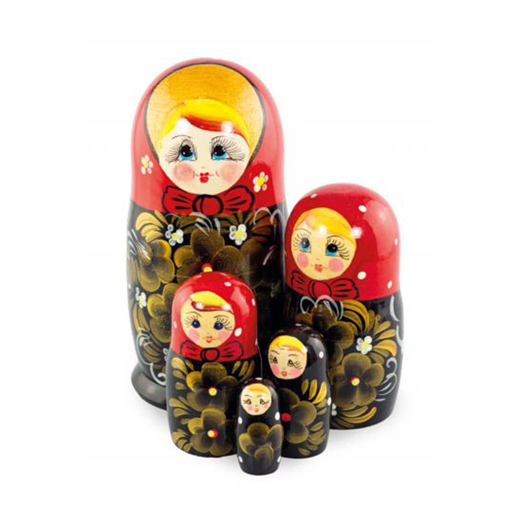 RED Floral Ladybug Nesting Dolls Set, 10 Pcs/4.7", traditional Russian nesting dolls on display