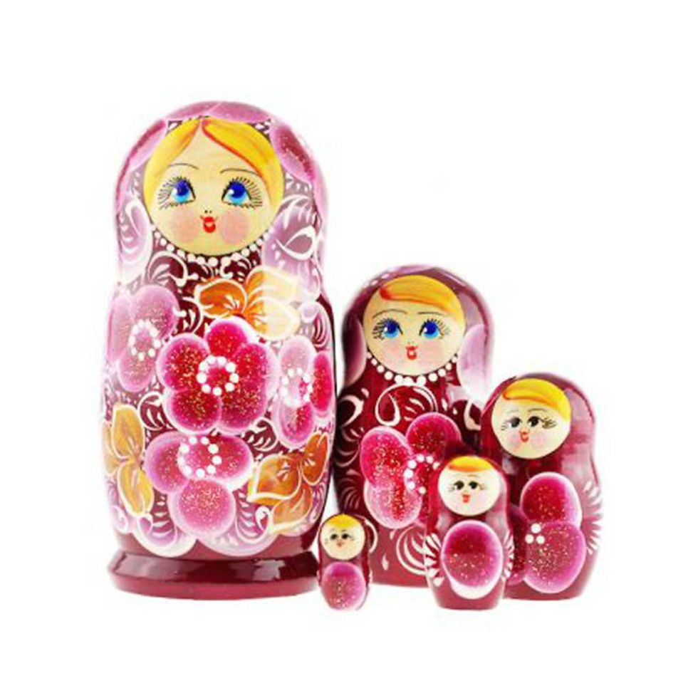 Floral nesting dolls set, 10 Pcs/5.5" on white background, CRANBERRY Floral Nesting Dolls Set.