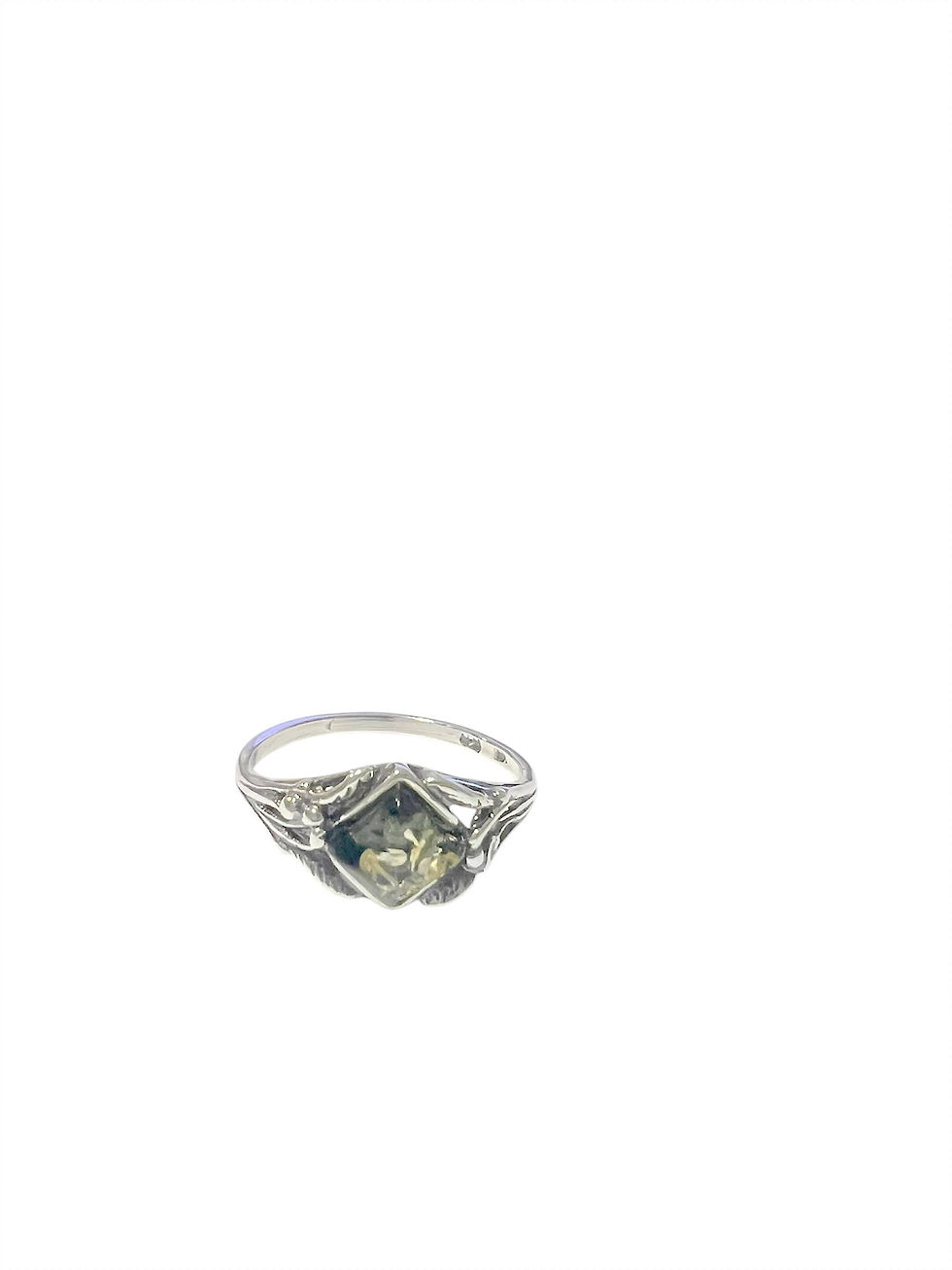 Thumbnail: Silver ring with a green gem on white background, jewelry item.