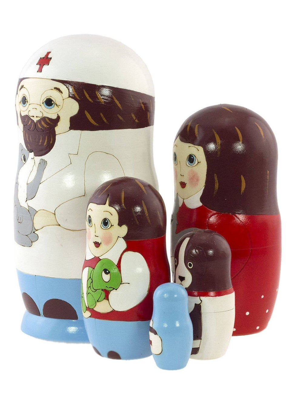 Set of painted Matryoshka dolls with doctor and dog design.