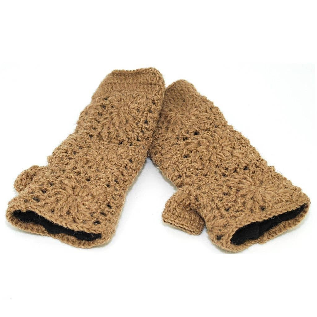 Pair of brown crochet gloves, hand knitted, against a white background.