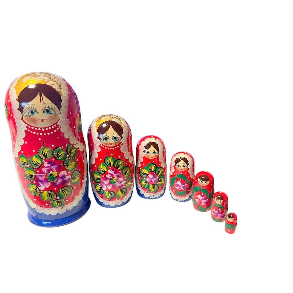 Thumbnail: LARGE Red Blue Floral Nesting Dolls Set, 7 pcs/9" on white background, traditional design.