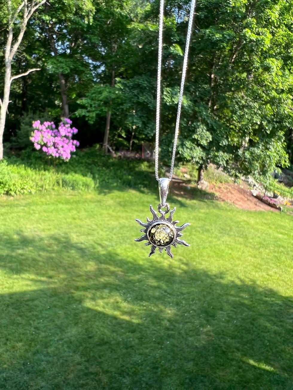 Silver chain necklace with sun pendant, green grass, and trees in background.
