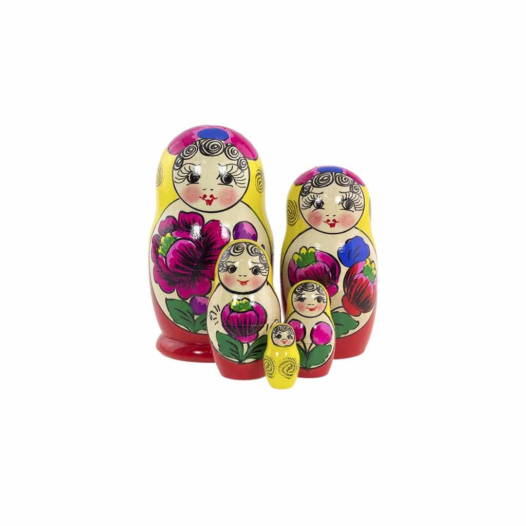 Five colorful Russian Matryoshka dolls, stacked together, on a white background.