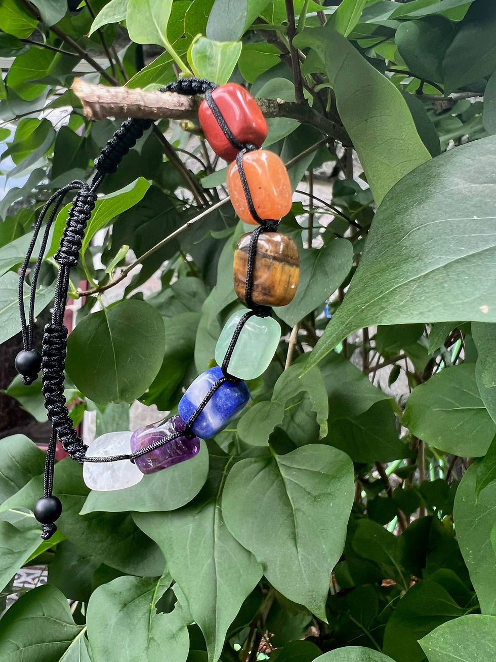 Thumbnail: Colorful chakra beads hanging from a tree branch, spiritual healing concept.