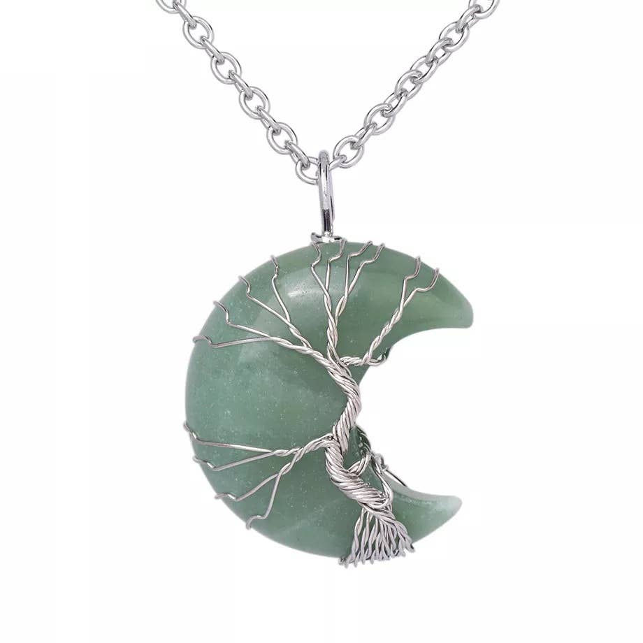 Thumbnail: Green moon pendant necklace with silver chain and a wire tree detail