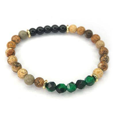 Thumbnail: Beaded bracelet with black, green, and brown stones, elegant design, close up.