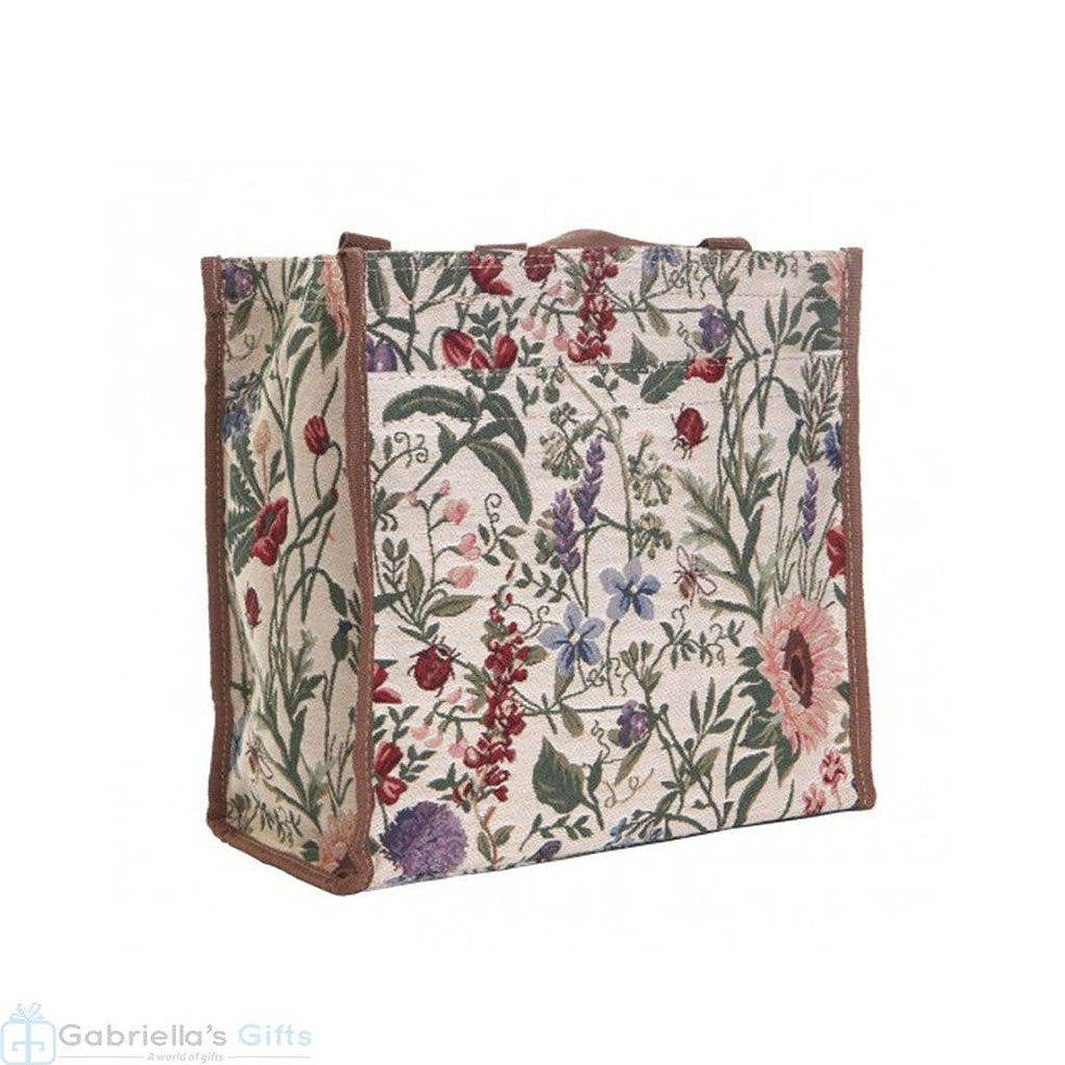 Floral pattern tote bag with various flowers and Gabriela's Gifts visible text