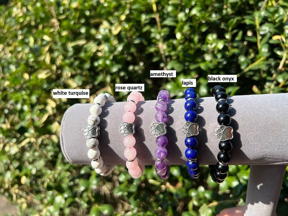 Thumbnail: Various gemstone bracelets, including white turquoise, rose quartz, and black onyx.