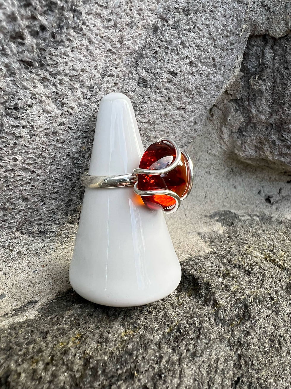 Thumbnail: Silver ring with large amber stone, displayed on a white stand
