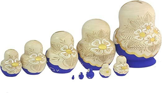 Thumbnail: LIGHT GREEN Floral Nesting Dolls Set, 5 Pcs/6" artfully decorated with flowers and painted blue.
