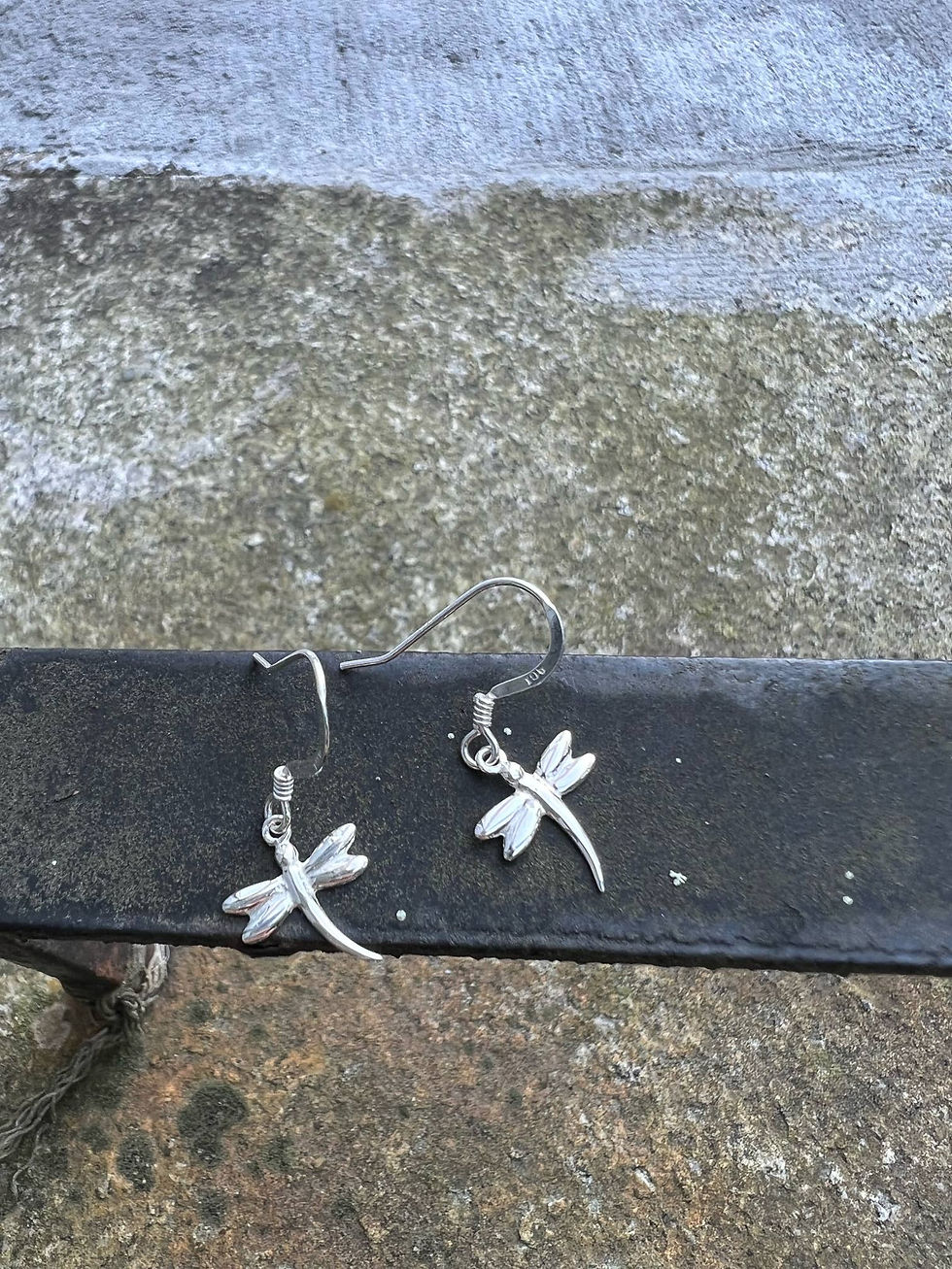 Dragonfly earrings close up on a dark surface and a blurred background.