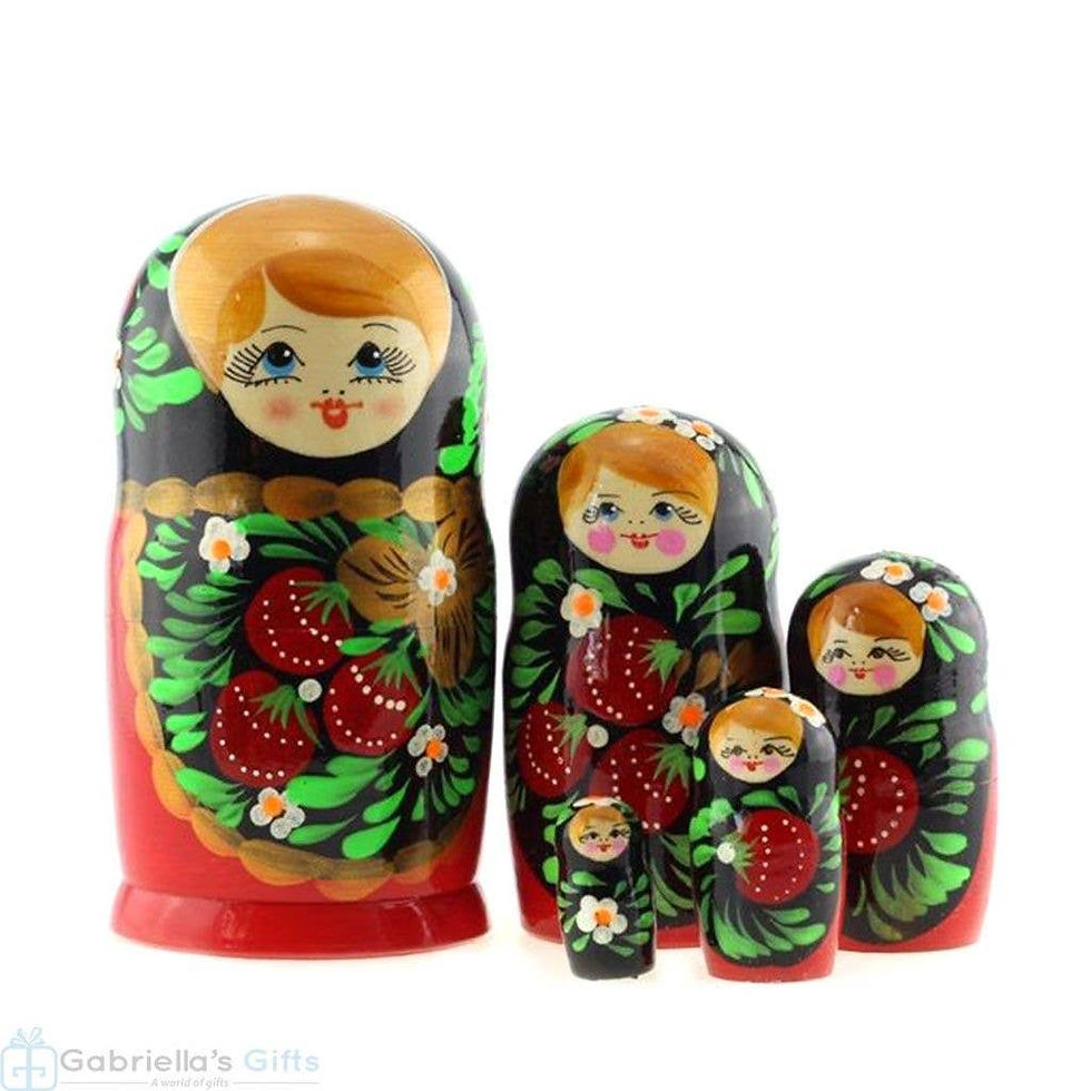 Thumbnail: Floral Nesting Dolls Set features a lady with text, strawberry decorations, Gabriela's Gifts.