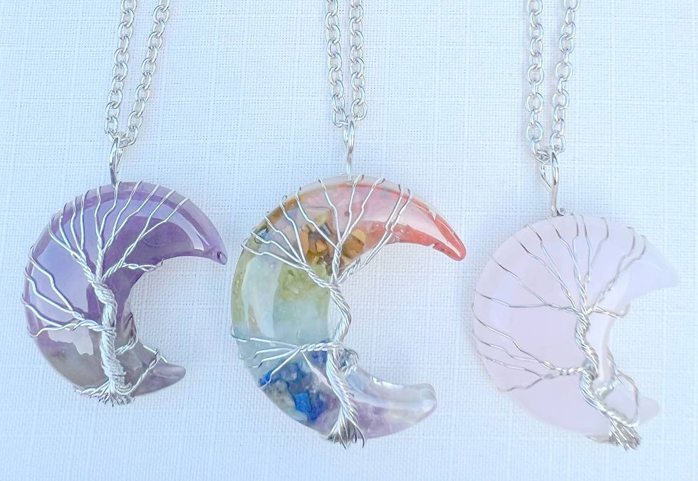 Thumbnail: Three crescent moon necklaces, amethyst, rainbow, and rose quartz, delicate silver tree.
