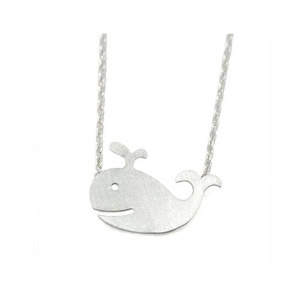 Silver smiling whale pendant with a chain, Mini Whale Necklace isolated on white.