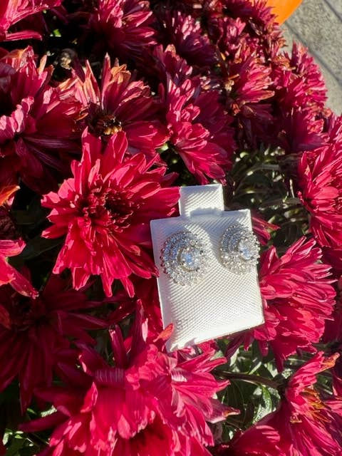 Thumbnail: Sparkling diamond earrings on white display next to red flowers in garden.