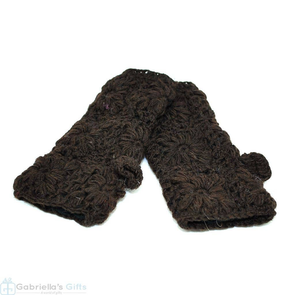 Brown knitted mittens, displayed on white surface, perfect for winter cold weather.
