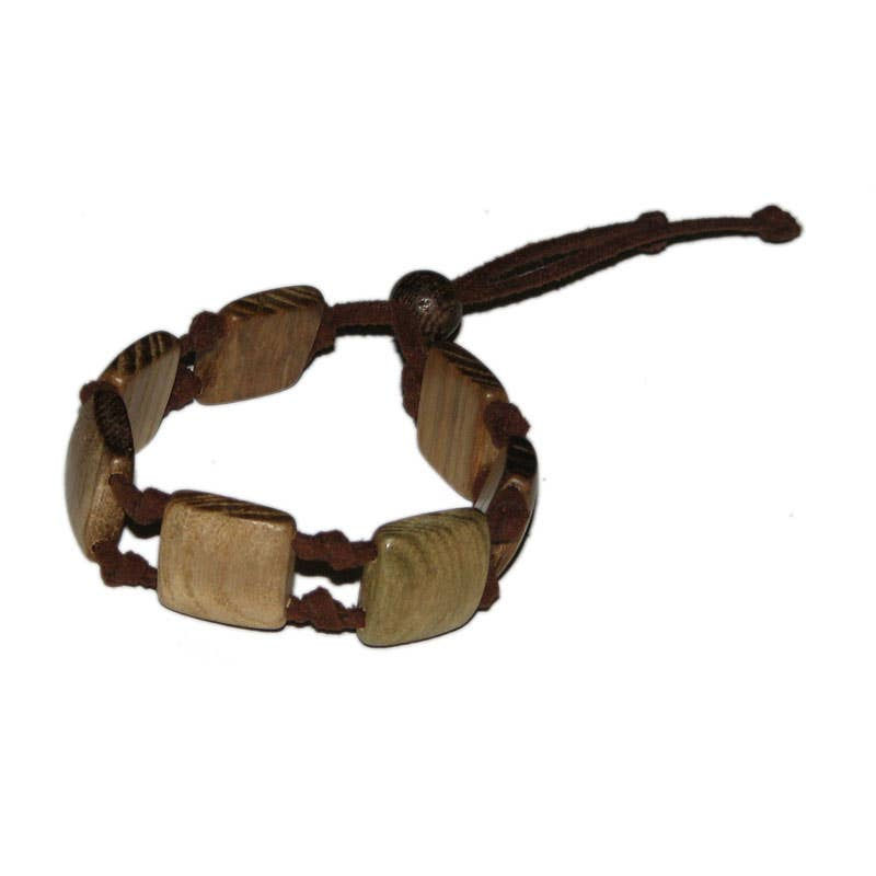 Wooden bracelet with brown string, adjustable design, and neutral background.