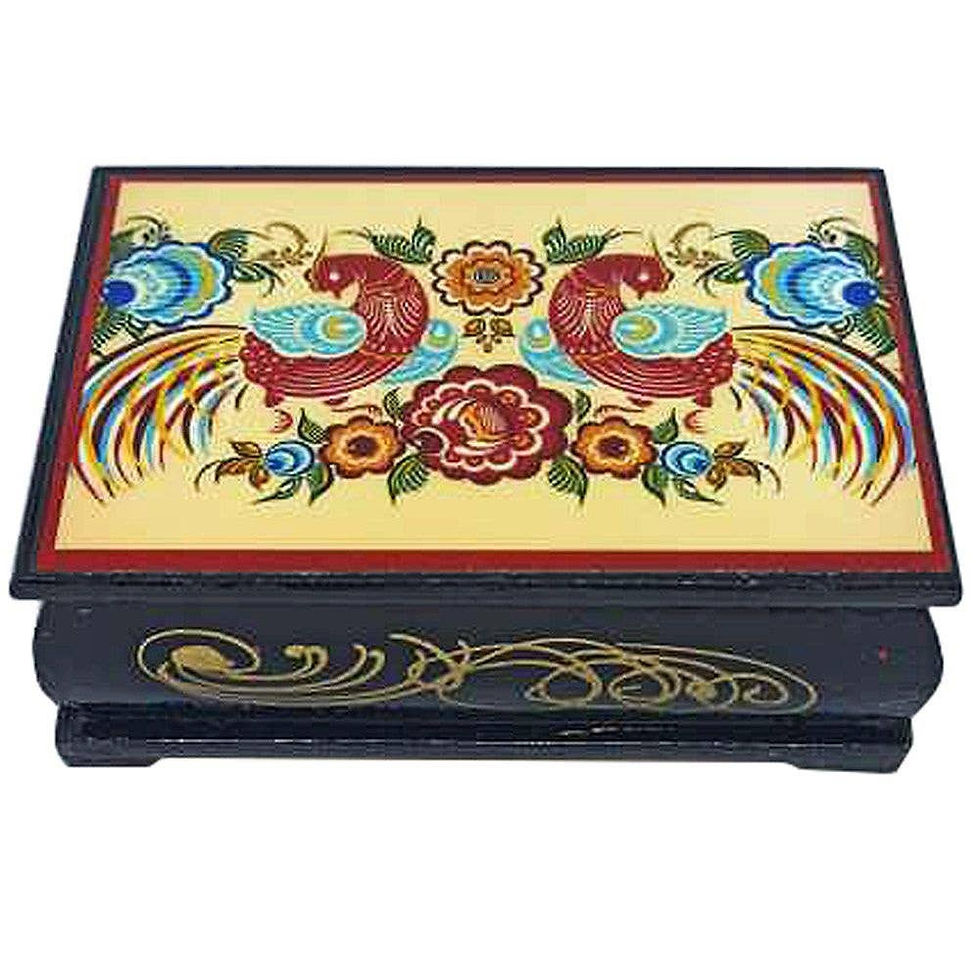 Wooden box featuring painted birds and floral design, great decorative item.