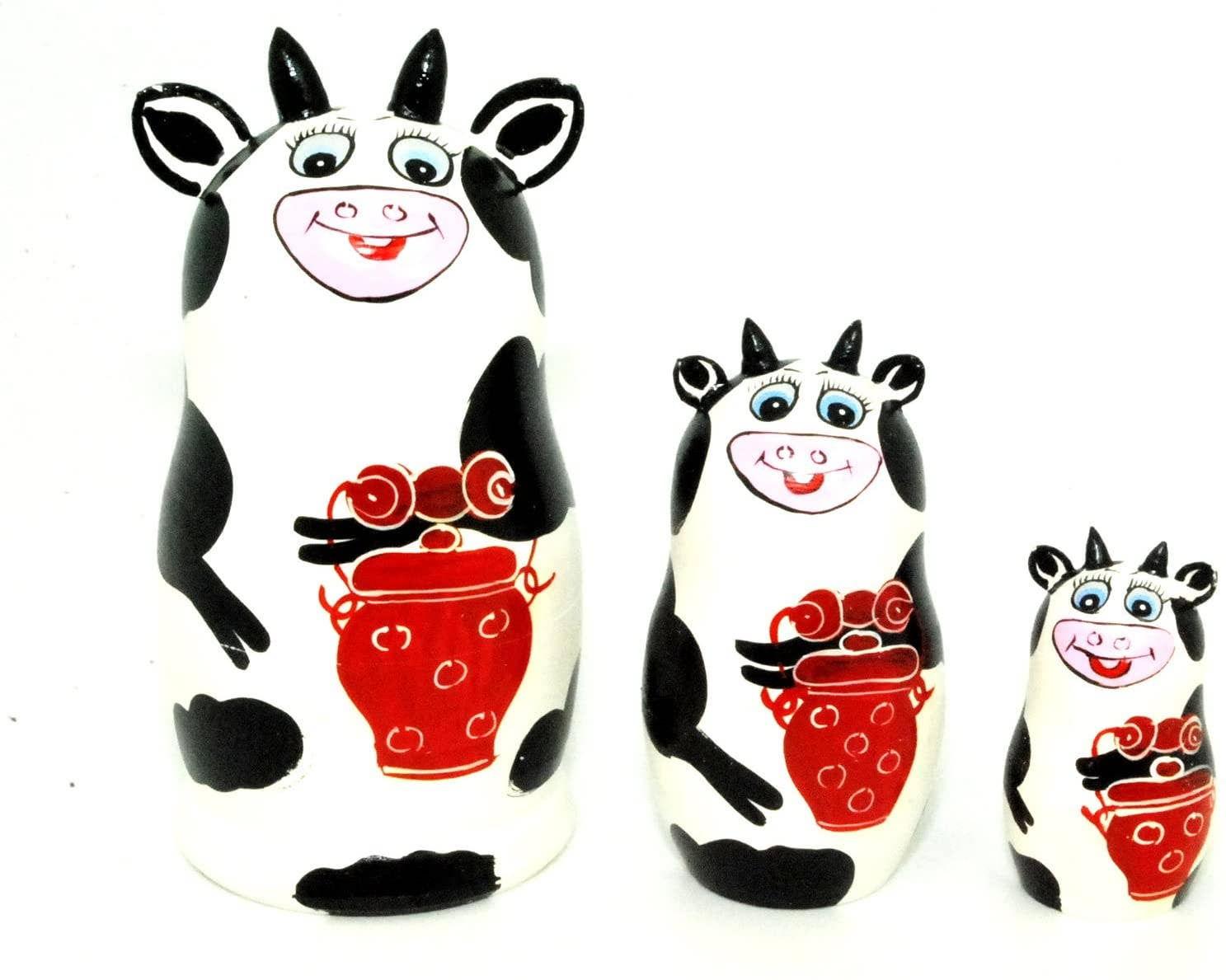 Cow-shaped SMALL Traditional Nesting Dolls Set, 5 pcs/4,5" Matryoshkas in white and black with red accents