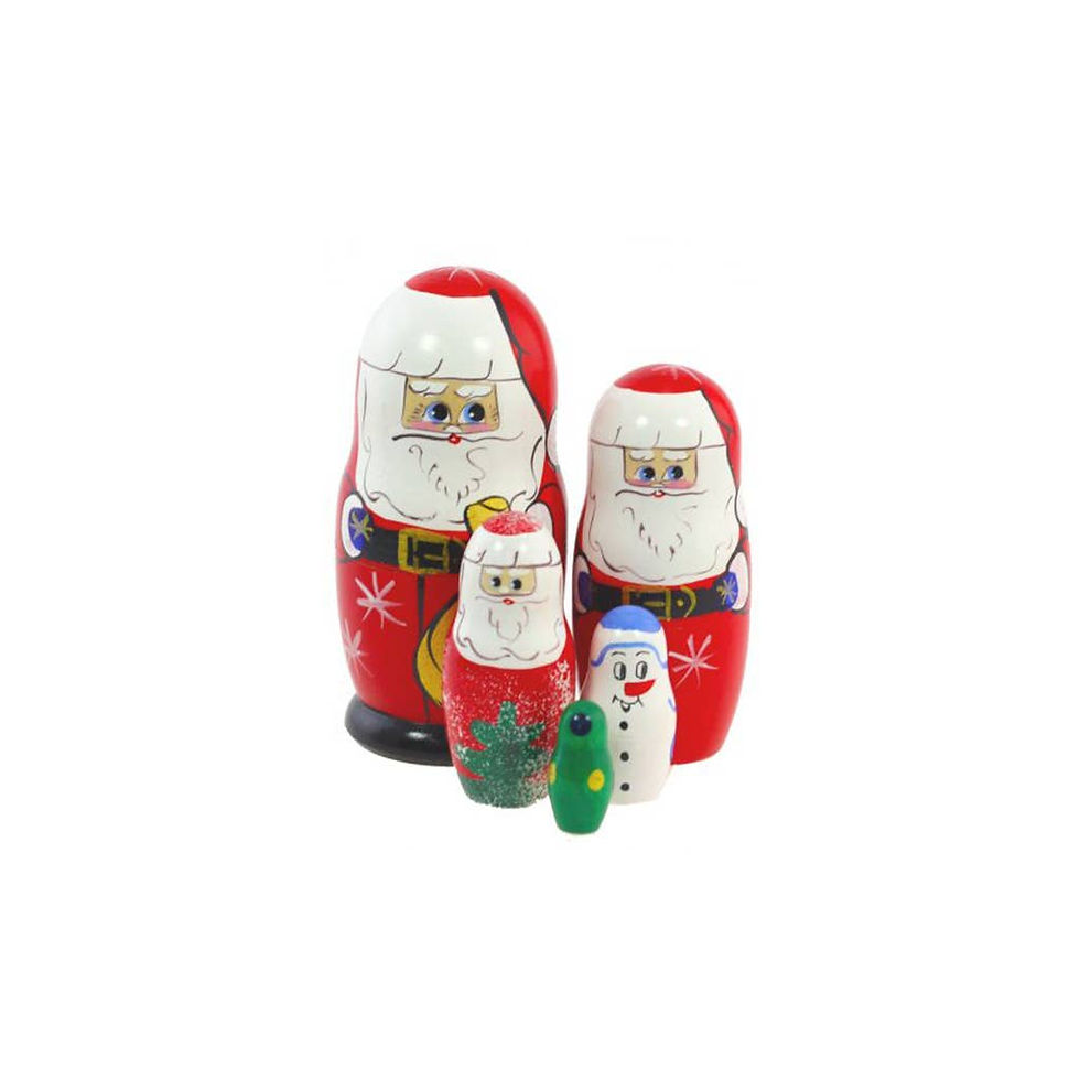 Christmas-themed Matryoshka dolls featuring Santa Claus and snowman on white background