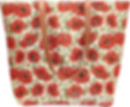 Floral tote bag with red poppies and brown handles on a white background.