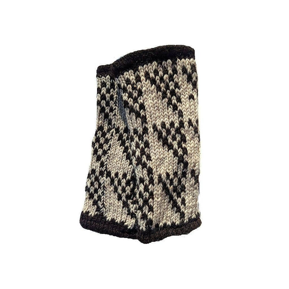 Pair of black and beige patterned fingerless gloves on white background