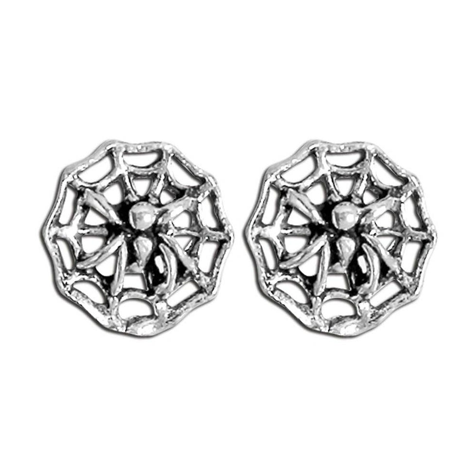 Silver spider web earrings. Halloween jewelry. Detailed design on a white background.
