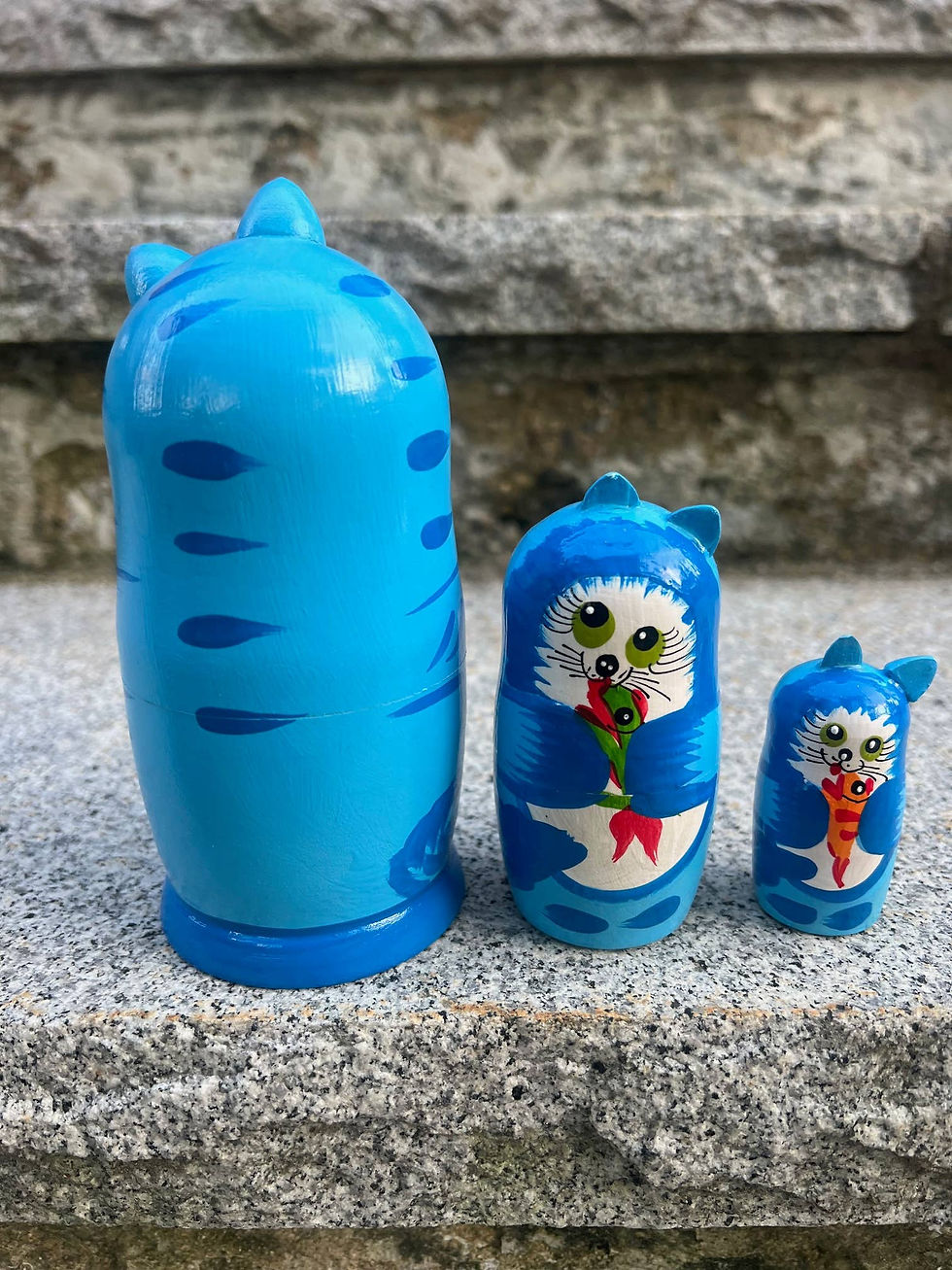 Thumbnail: Three BLUE CAT with FISH Nesting Dolls Set, 3 Pcs/5.6" on stone surface.
