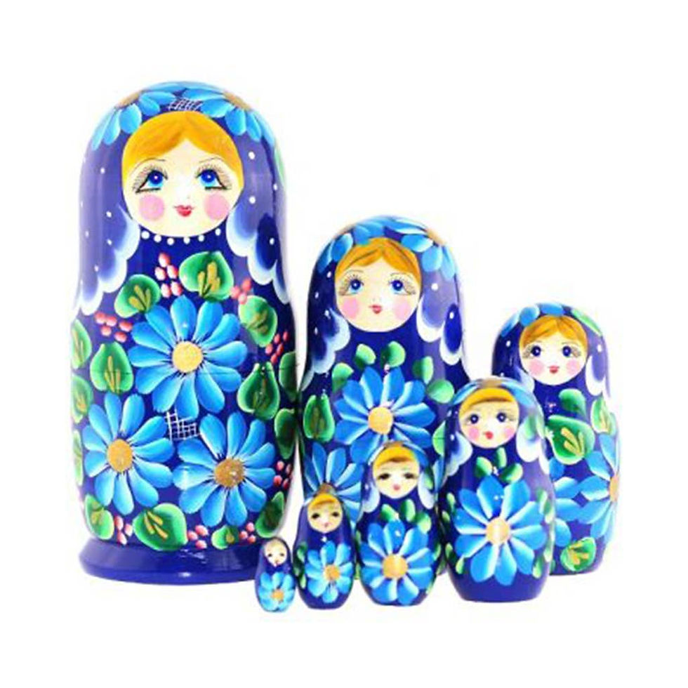 Floral nesting dolls in blue with visible decoration, CRANBERRY Floral Nesting Dolls Set, 10 Pcs/5.5"
