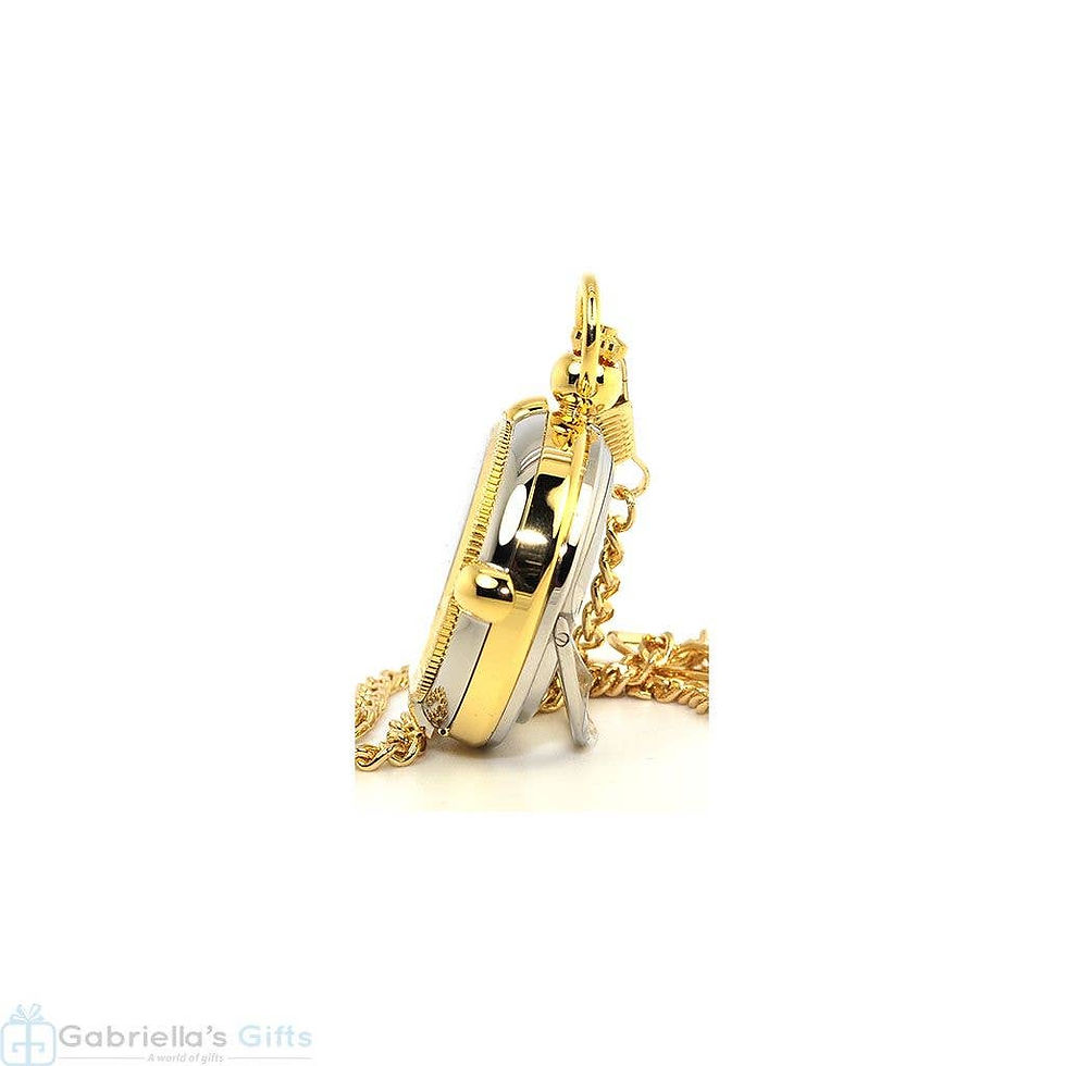 Gold and silver Unique Wind Up Skeleton Pocket Watch resting on stand, detailed view.